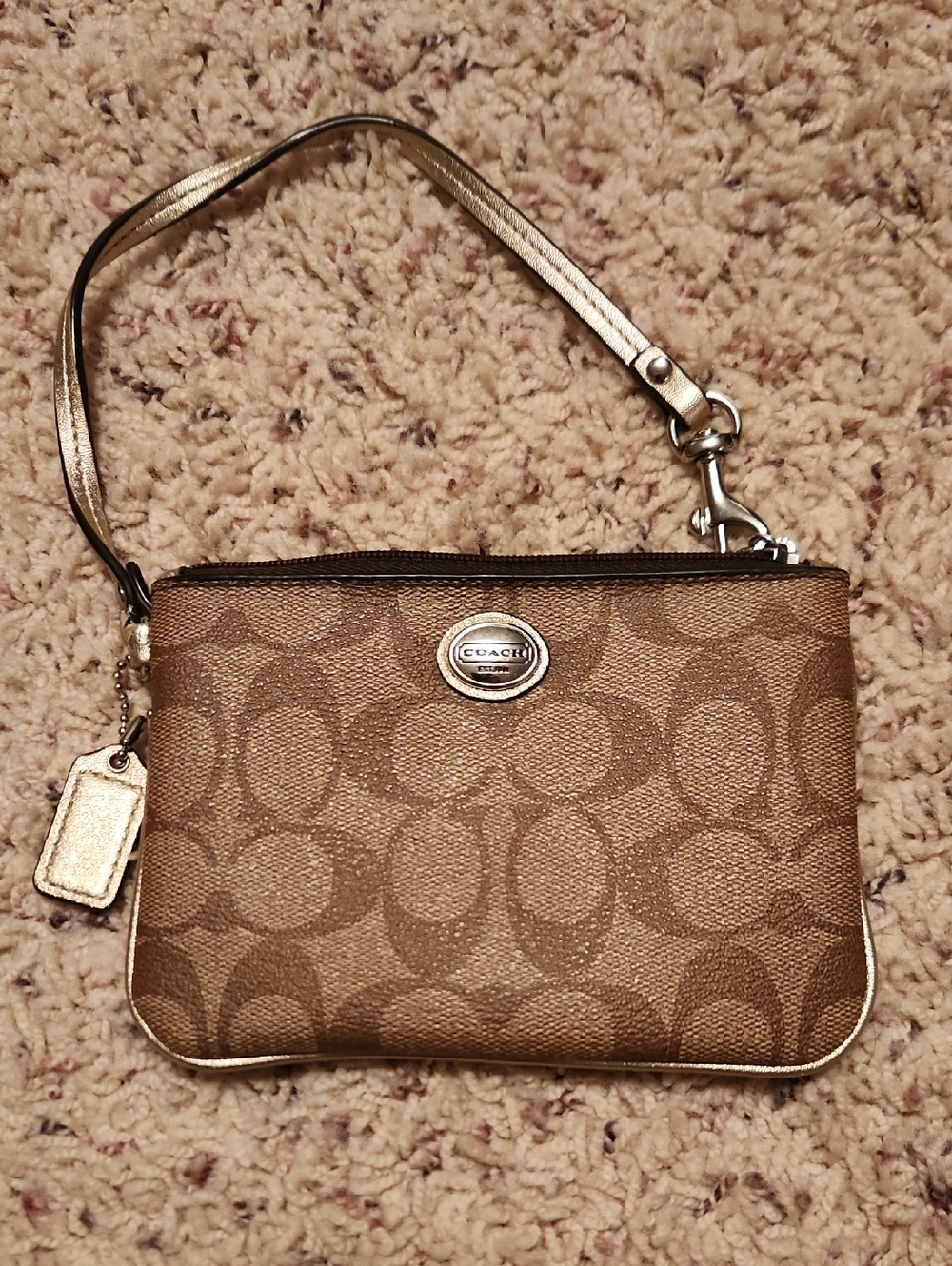 Coach Signature Canvas Wristlet in Brown with Gold Trim